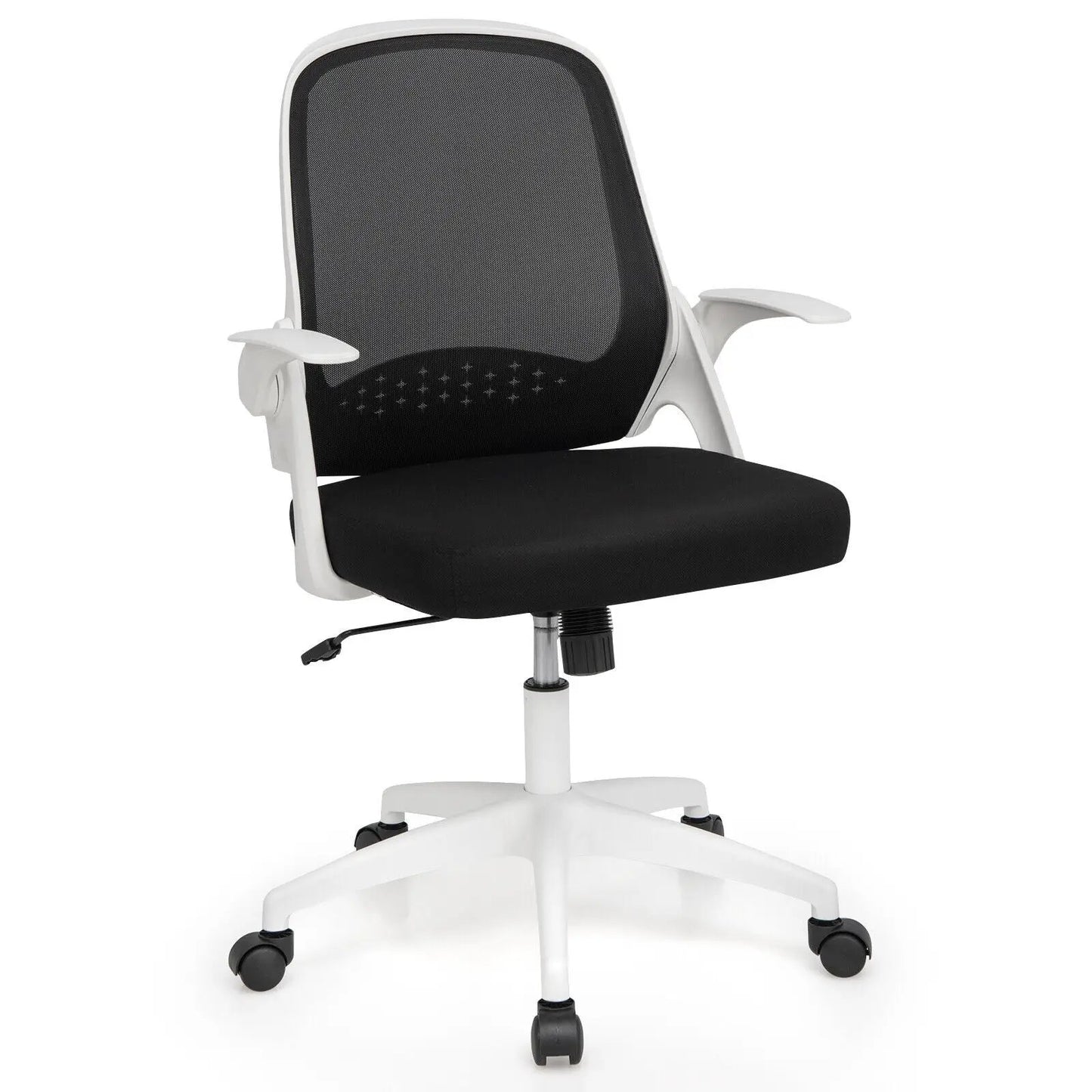 Adjustable mesh office chair with flip-up white armrests and black mesh back and seat on base on Tampa Home & Garden Store