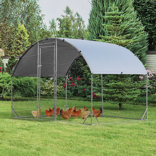 Outdoor galvanized dome chicken coop with cover and chain-link run, chickens inside on Tampa Home & Garden Store