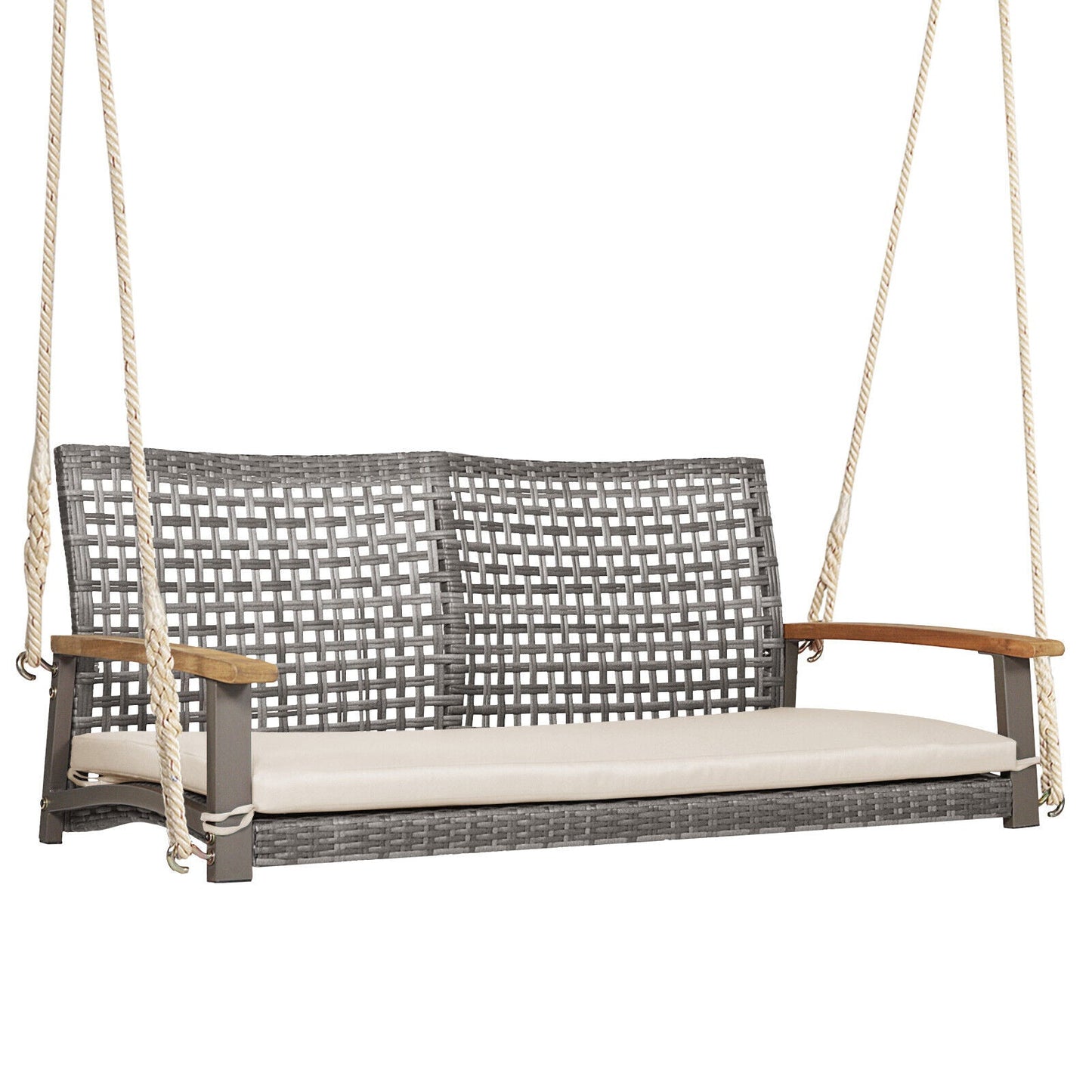 Two-person gray wicker patio hanging swing chair with beige cushion by DirectDeals on Tampa Home & Garden Store