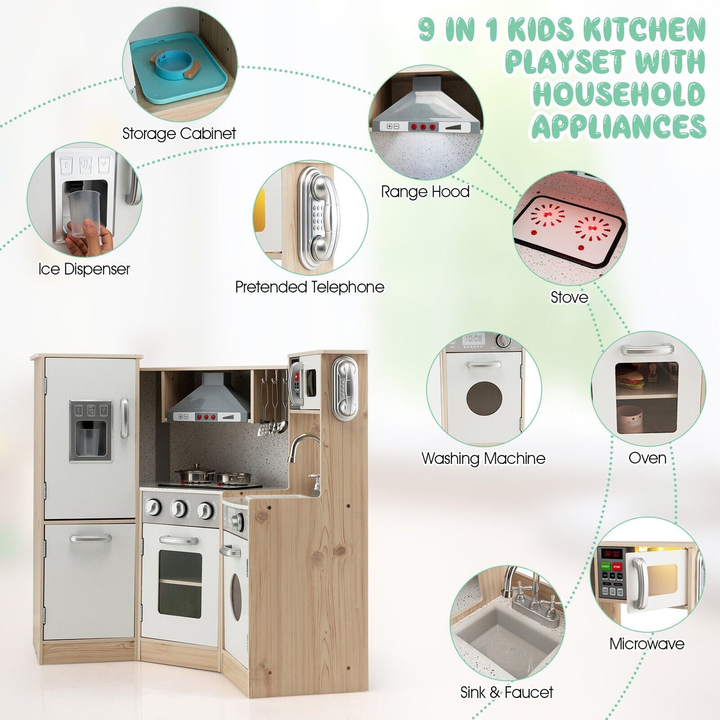 Kids Corner wooden kitchen playset with cookware in wood finish with fridge and sink on Tampa Home & Garden Store