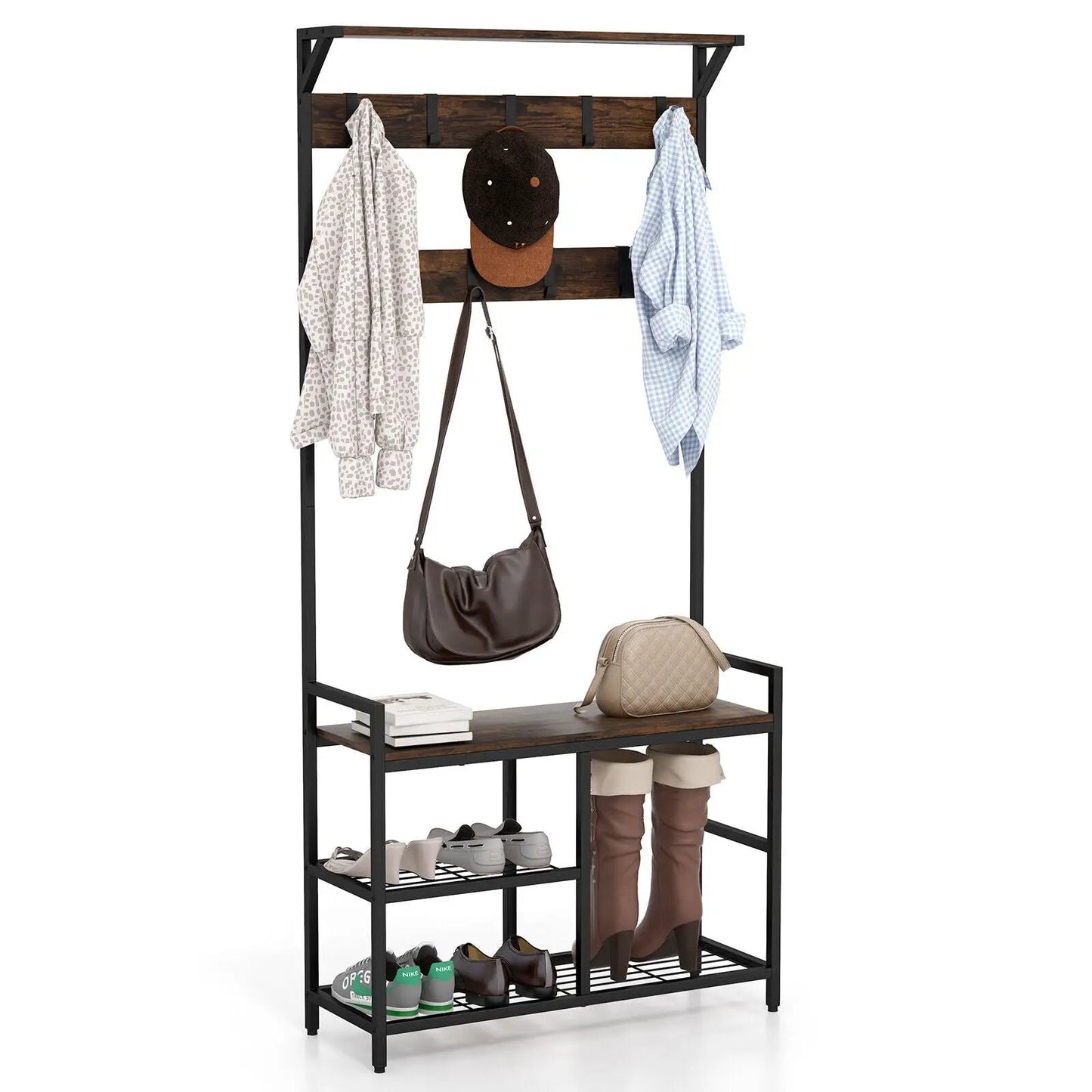 71 Inch Hall Tree with Shoe Bench and Hooks DirectDeals black metal frame and wood shelves on Tampa Home & Garden Store