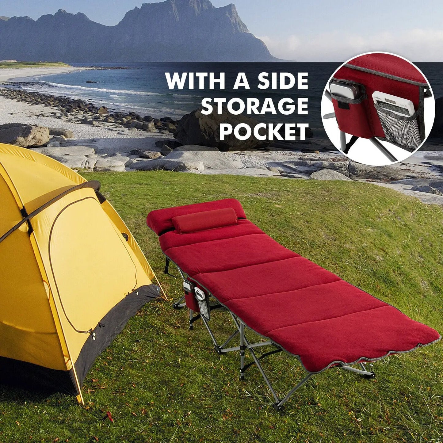 Folding travel camping cot with mattress in red by DirectDeals, extended on a campsite on Tampa Home & Garden Store
