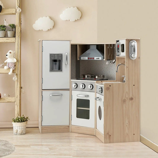 Kids Corner wooden kitchen playset with cookware in light wood and white appliances on Tampa Home & Garden Store