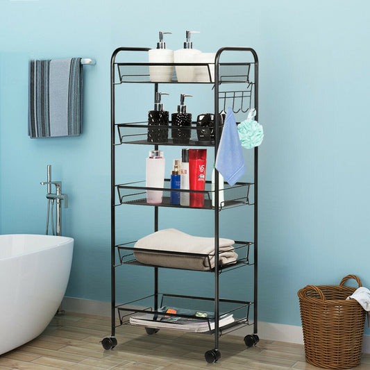 5 Tier Mesh Rolling File Utility Cart Storage Basket-Black - Tampa Home & Garden Store