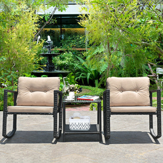 3 Pcs Wicker Rocking Bistro Set with Glass Coffee Table and Storage Shelf-Beige - Tampa Home & Garden Store