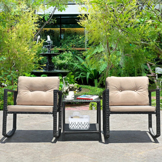 3 Pcs Wicker Rocking Bistro Set with Glass Coffee Table and Storage Shelf-Beige - Tampa Home & Garden Store