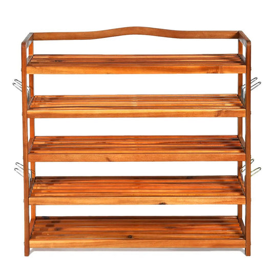 5-tier wooden shoe rack with slatted shelves in natural finish, holds 12-18 pairs on Tampa Home & Garden Store