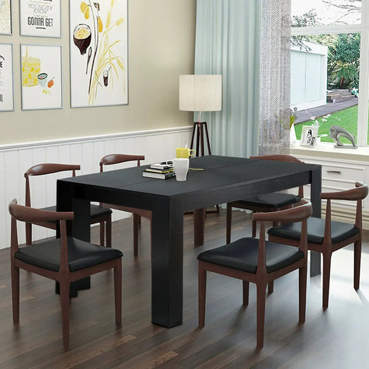 63 Inch Modern Dining Table for Six in black with thick rectangular legs; six brown chairs on Tampa Home & Garden Store