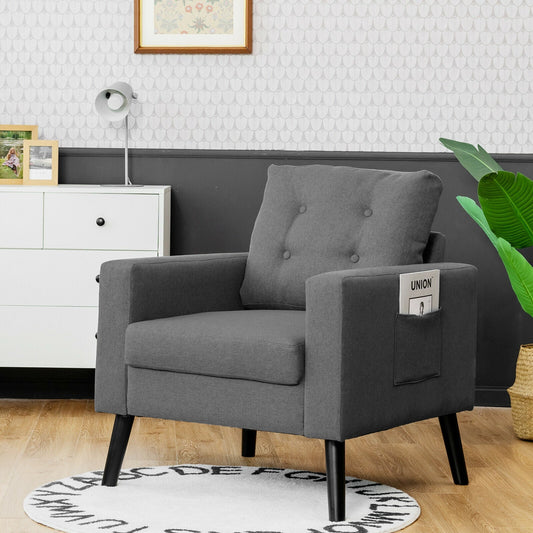 Sillón Club Tapizado de Mediados de Siglo con Patas de Madera de Caucho - Gris