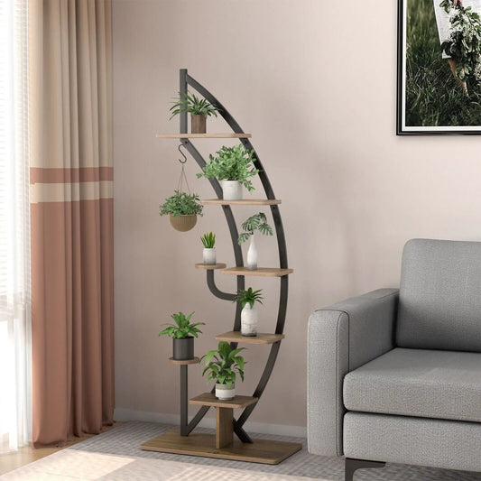 6-tier metal plant stand with dark gray arch and natural wood shelves, holds 9 pots on Tampa Home & Garden Store