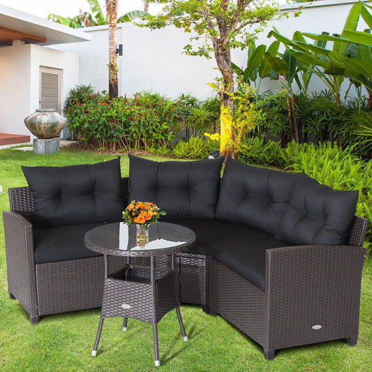 Four Piece Patio Rattan Set in dark brown wicker with black cushions and table for outdoors on Tampa Home & Garden Store