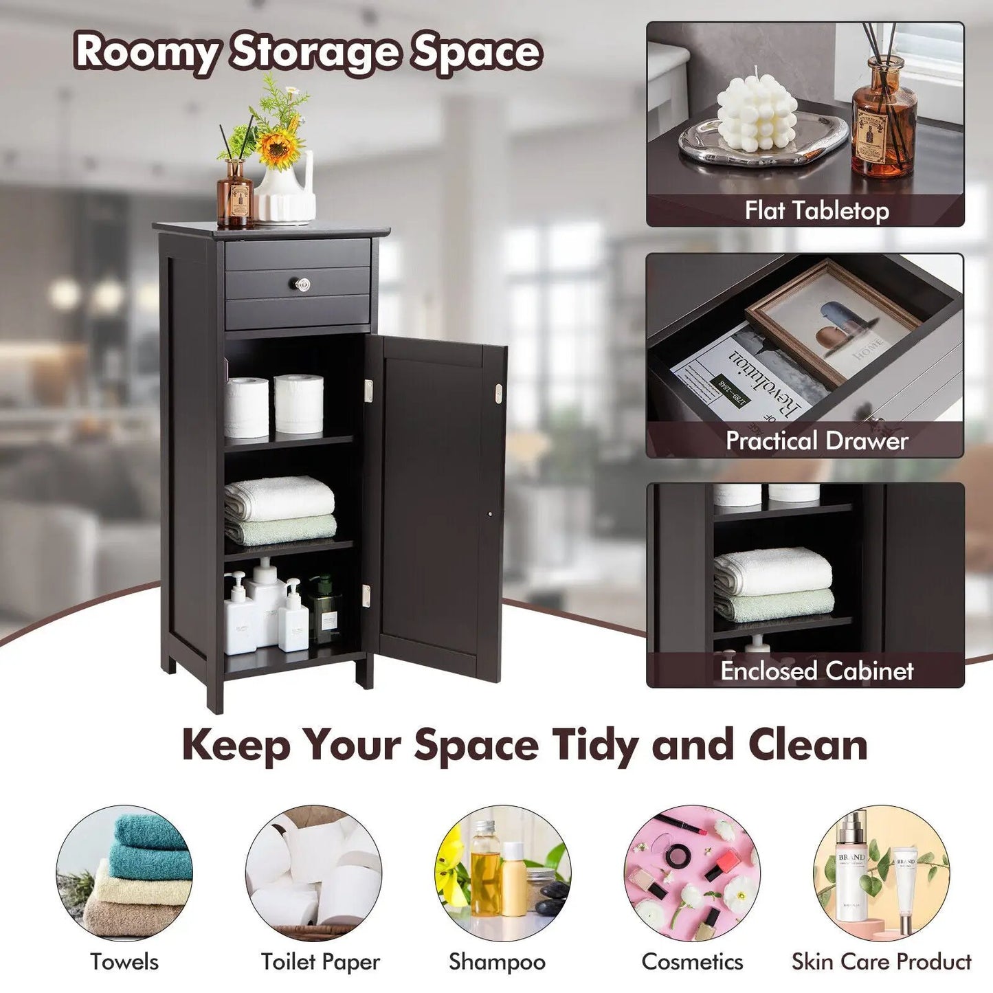 Wooden Bathroom Floor Storage Cabinet With Drawer