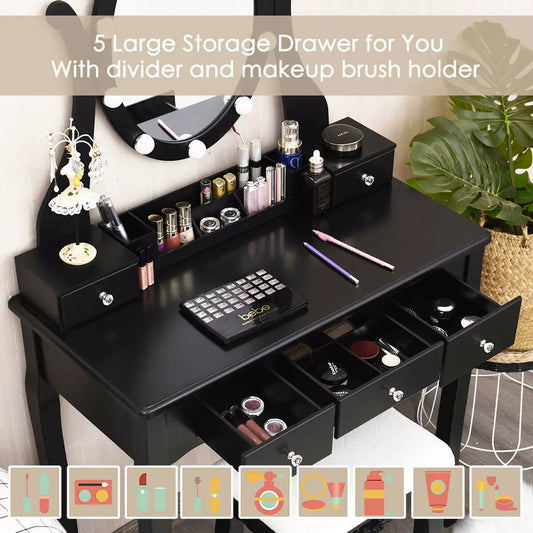 10 Dimmable Lights Vanity Table Set with Lighted Mirror and Cushioned Stool-Black - Tampa Home & Garden Store