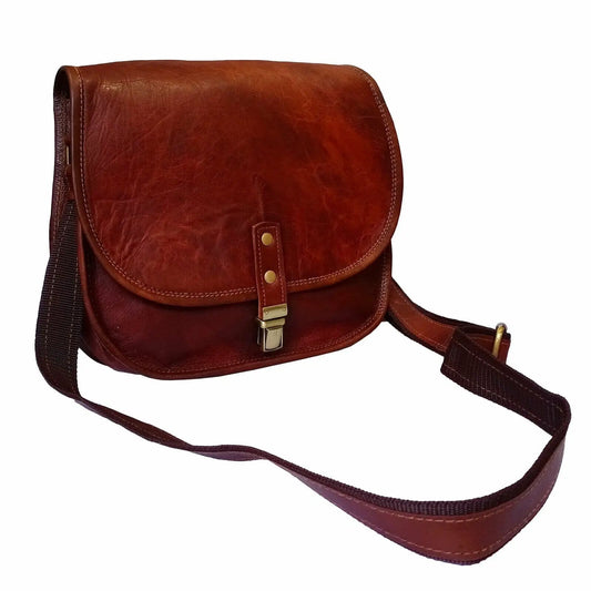 Zamora Crossbody Satchel bag in brown leather with adjustable strap and brass hardware on Tampa Home & Garden Store