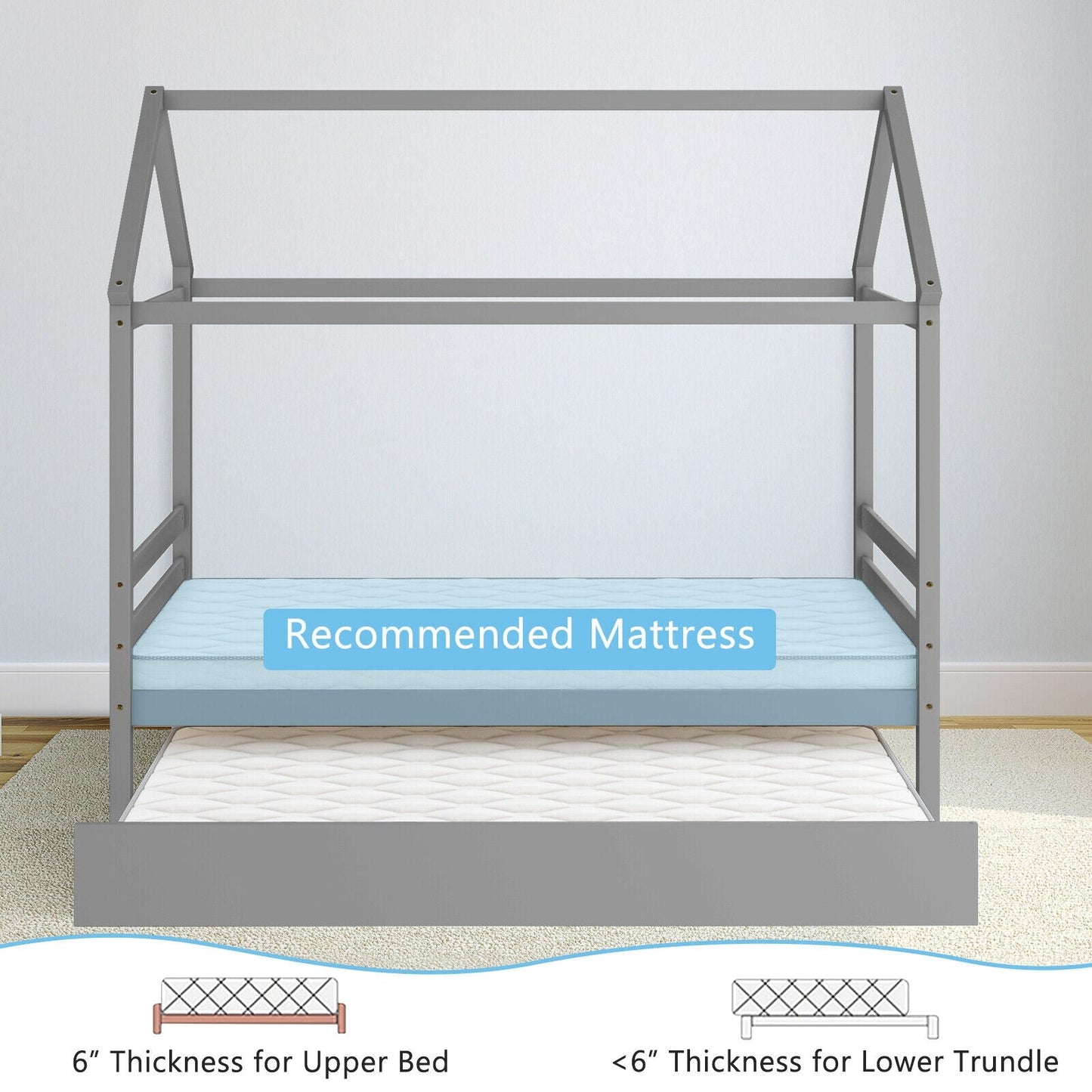 Cama de plataforma para niños con techo para dormitorio - Gris