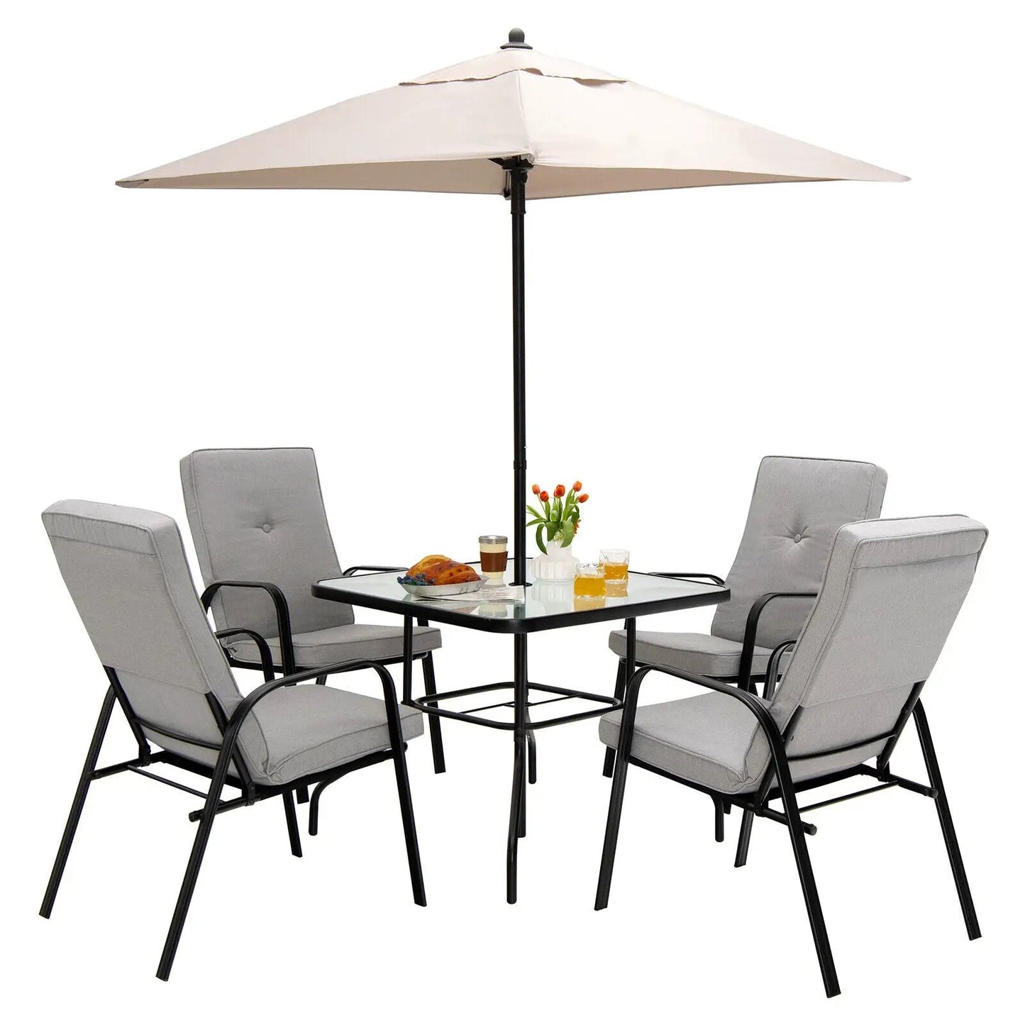 35 Inch Patio Glass Table With Umbrella Hole glass top with beige umbrella and 6 chairs on Tampa Home & Garden Store