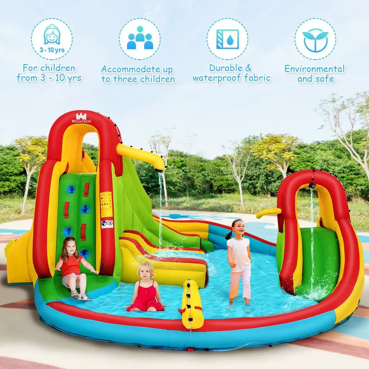 Kids inflatable water slide bounce house with climbing wall and pool, red arch by BOUNTECH on Tampa Home & Garden Store