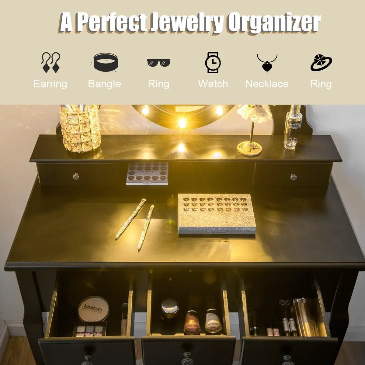 Vanity table with 5 drawers and 12 LEDs, black finish, makeup items displayed on top on Tampa Home & Garden Store