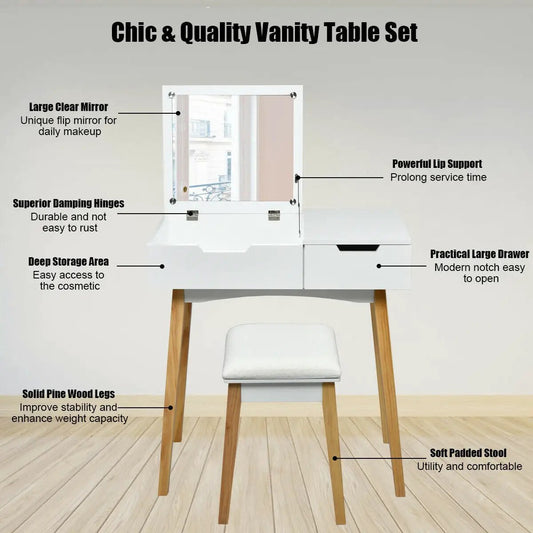 Wooden vanity table set with flip-top mirror and cushioned stool, white finish DirectDeals on Tampa Home & Garden Store