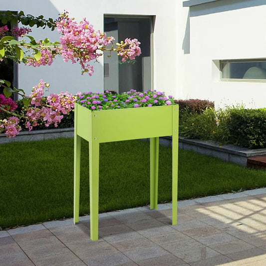 Outdoor elevated garden raised bed planter lime green metal on four legs with purple flowers on Tampa Home & Garden Store