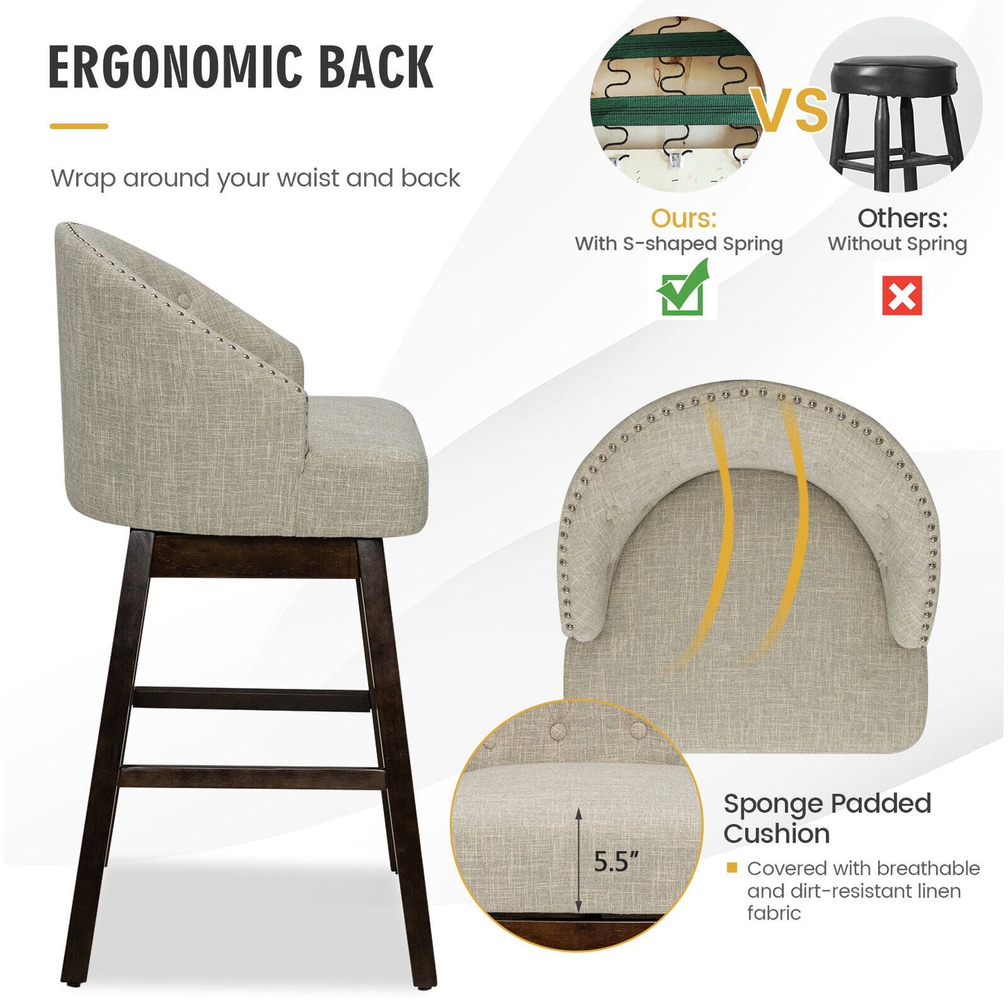 Juego de 2 taburetes giratorios para barra con patas de madera de caucho y respaldo acolchado - Beige