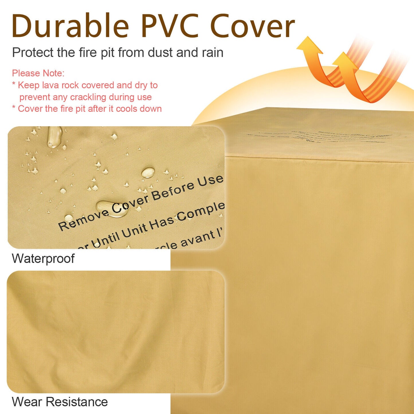 Durable PVC fire pit cover in tan, waterproof and wear resistant with droplets on surface on Tampa Home & Garden Store