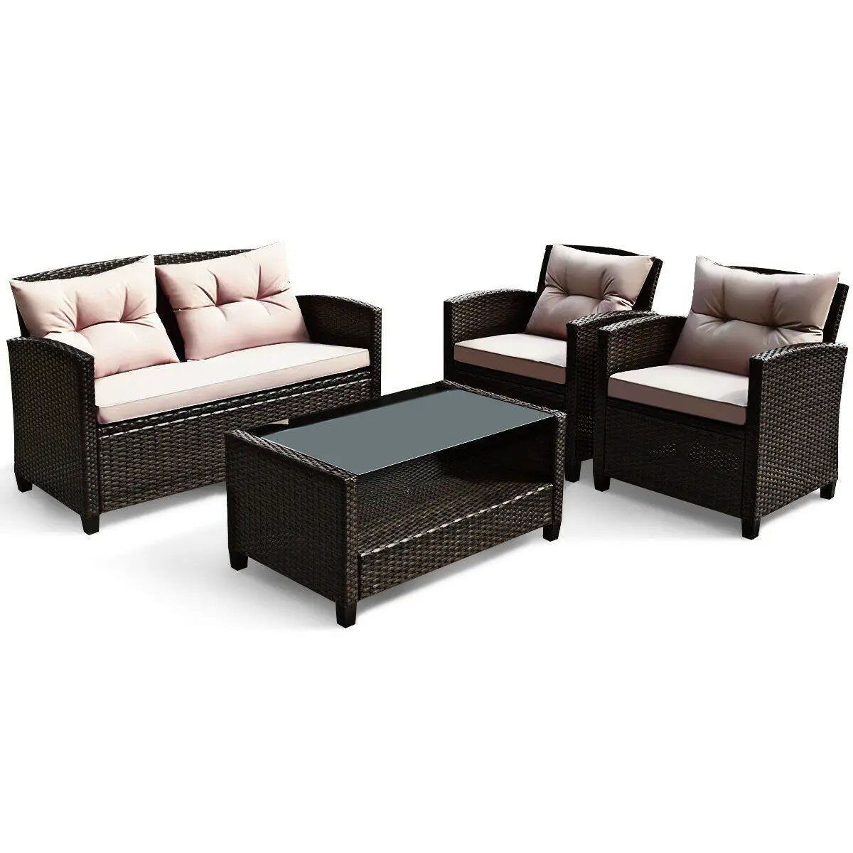 DirectDeals 4-piece gray rattan patio set with glass-top coffee table and beige cushions on Tampa Home & Garden Store