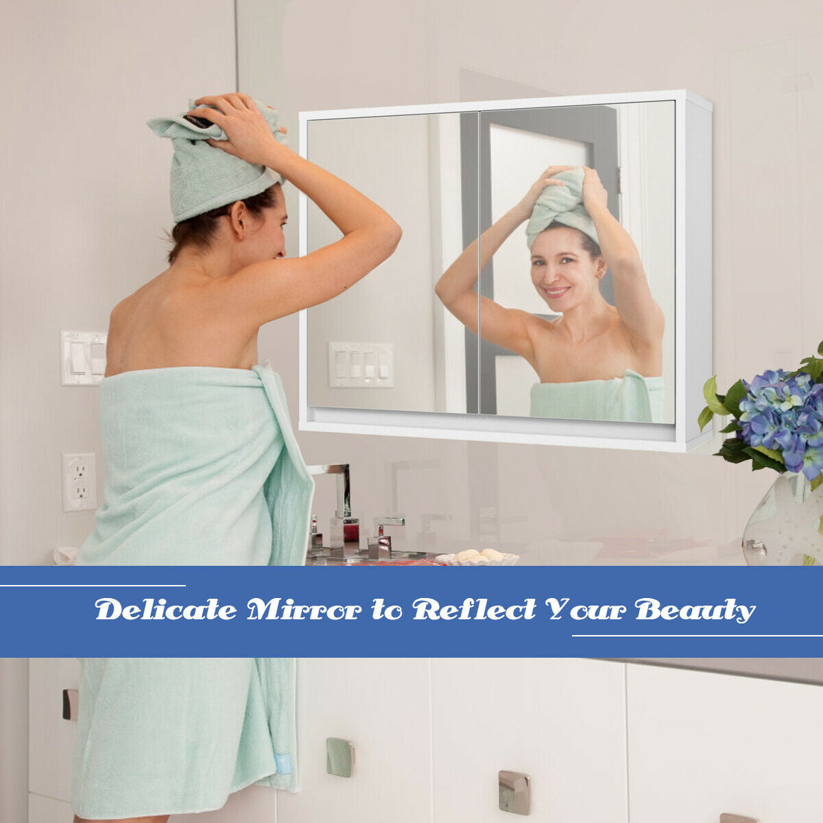 Two-Door wall-mount mirrored medicine cabinet with silver frame in a bathroom on Tampa Home & Garden Store