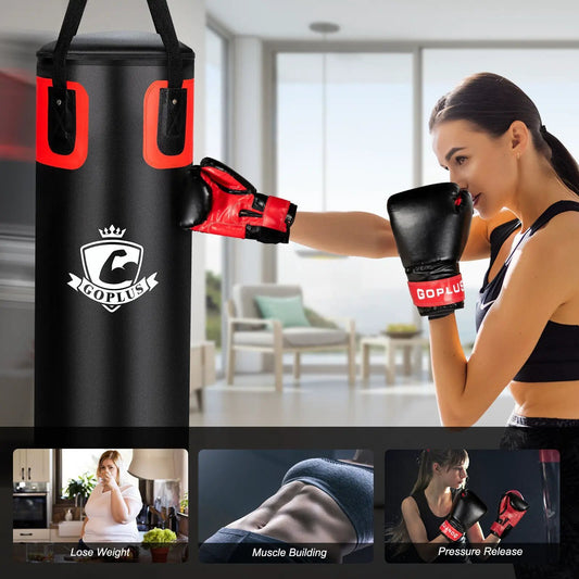 Filled punching bag set for adults 56 lbs, black bag with red accents, GOPLUS logo, boxing gloves on Tampa Home & Garden Store