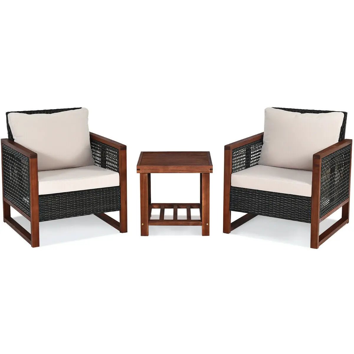 Acacia wood 3-piece patio set with coffee table, two chairs with beige cushions and black wicker on Tampa Home & Garden Store