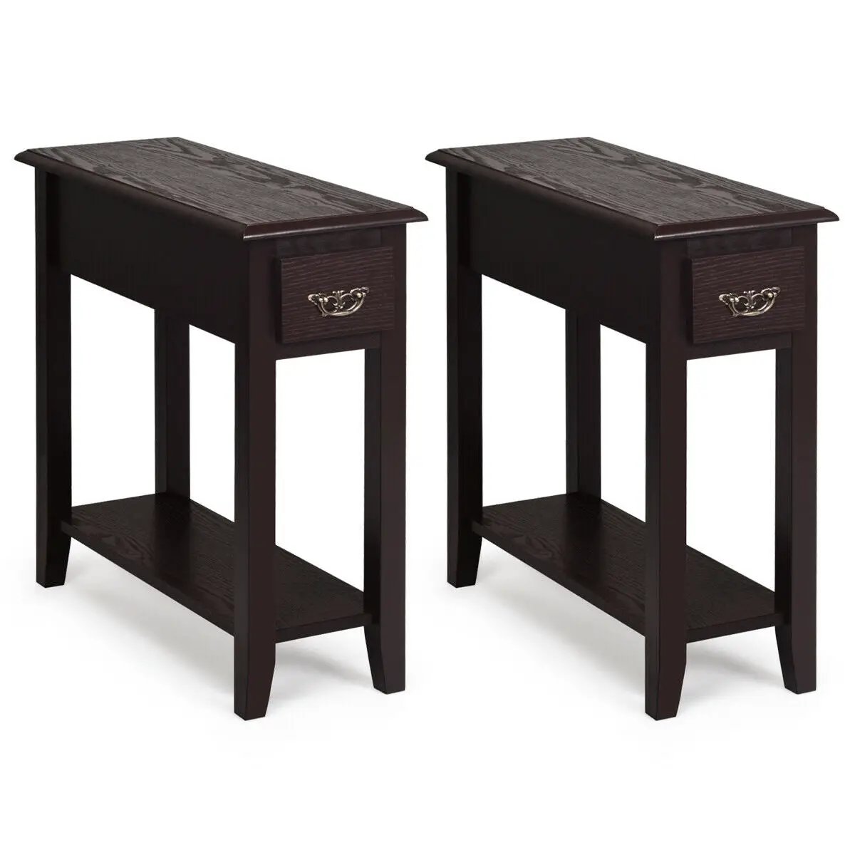 Two dark espresso sofa side end tables with drawers and open lower shelves on Tampa Home & Garden Store