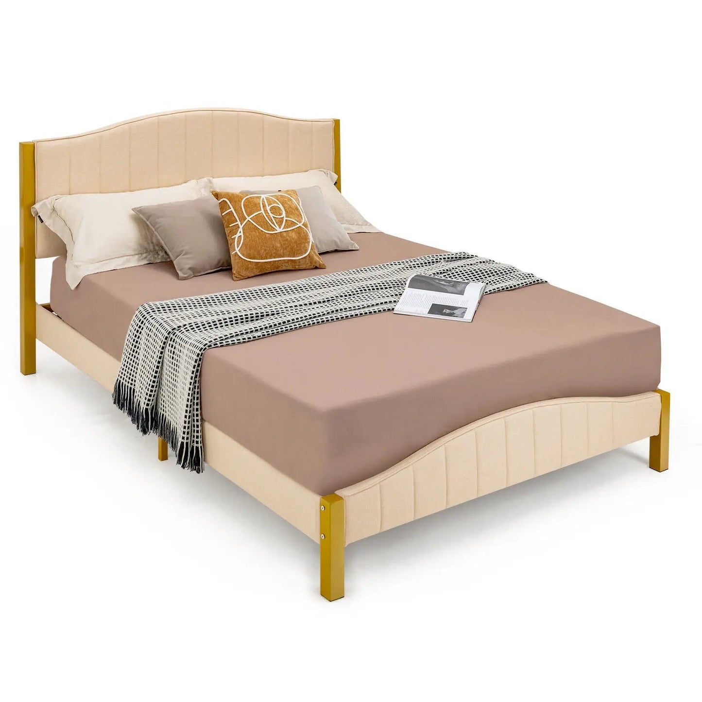 Full/Queen size upholstered bed frame with quilted headboard, beige fabric and gold legs on Tampa Home & Garden Store