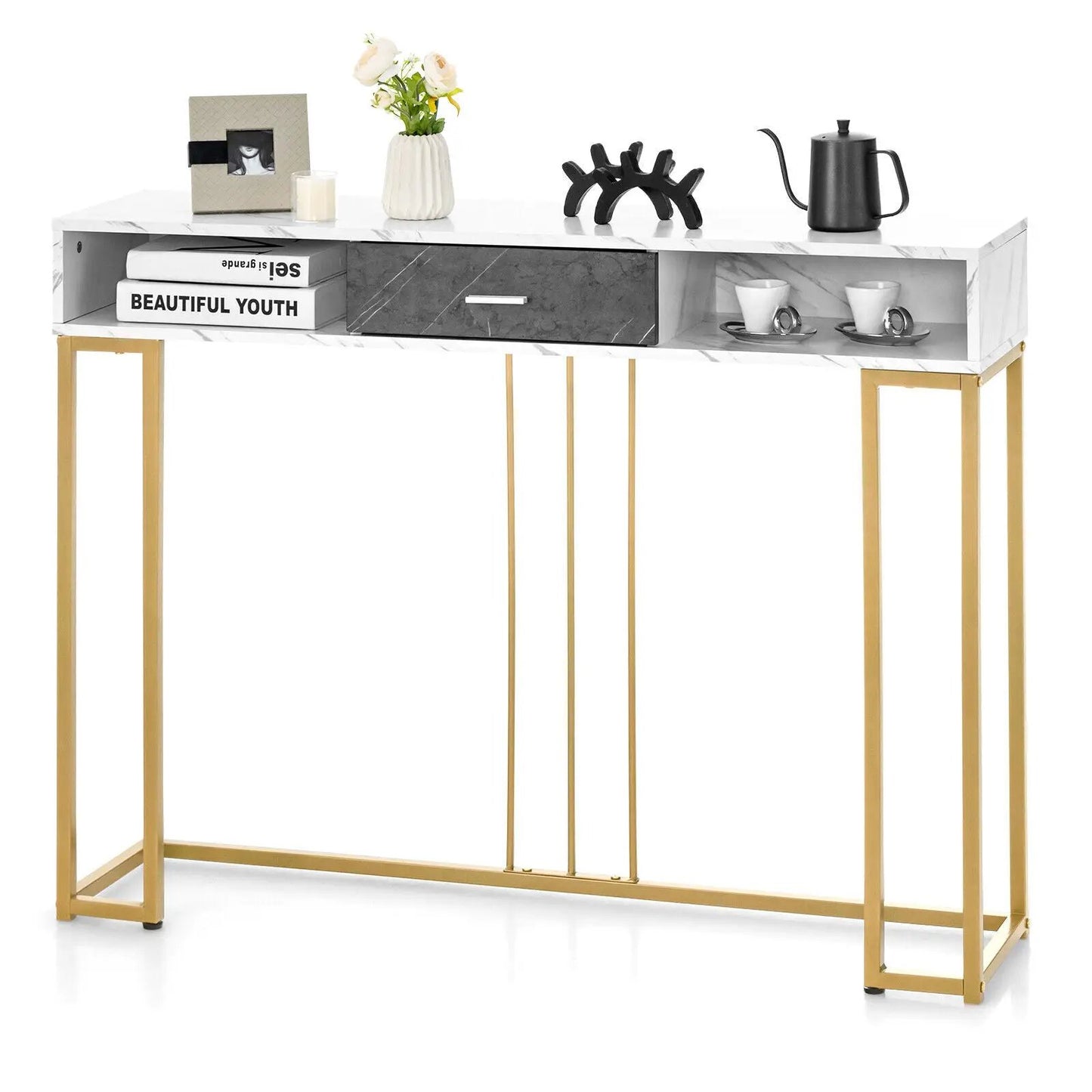 Narrow long white marble sofa table with gold metal legs and a dark gray central drawer on Tampa Home & Garden Store