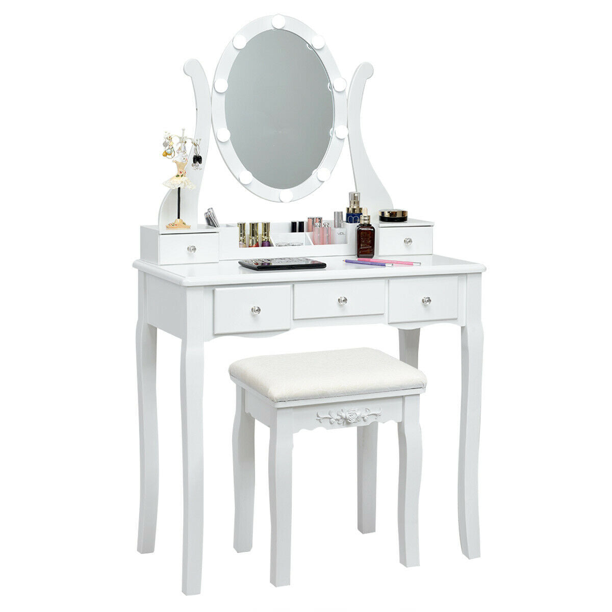 10 Dimmable Lights Vanity Table Set with Lighted Mirror and Cushioned Stool-Black
