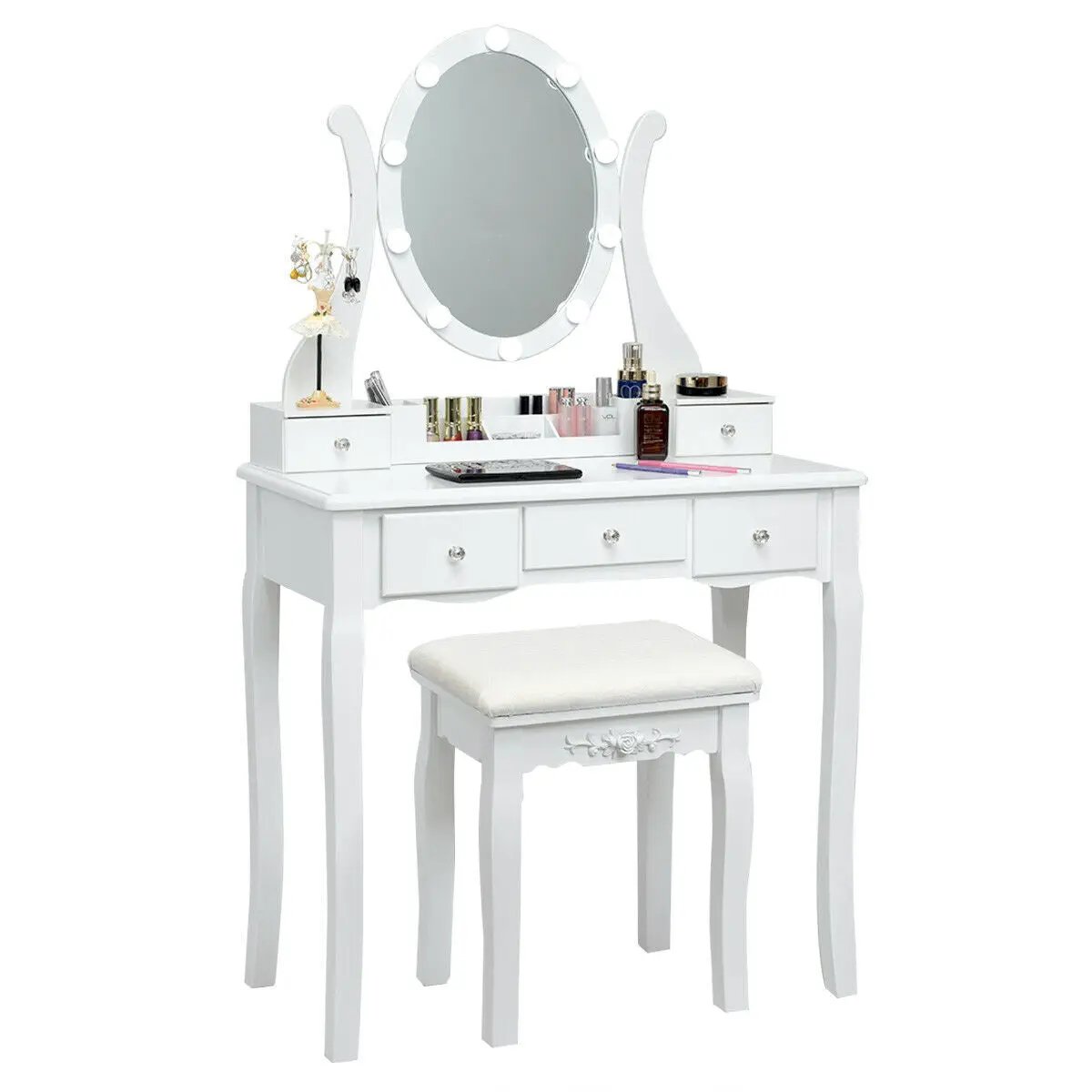 10 Dimmable Vanity Table Set with Lighted Mirror white vanity with cushioned stool DirectDeals on Tampa Home & Garden Store