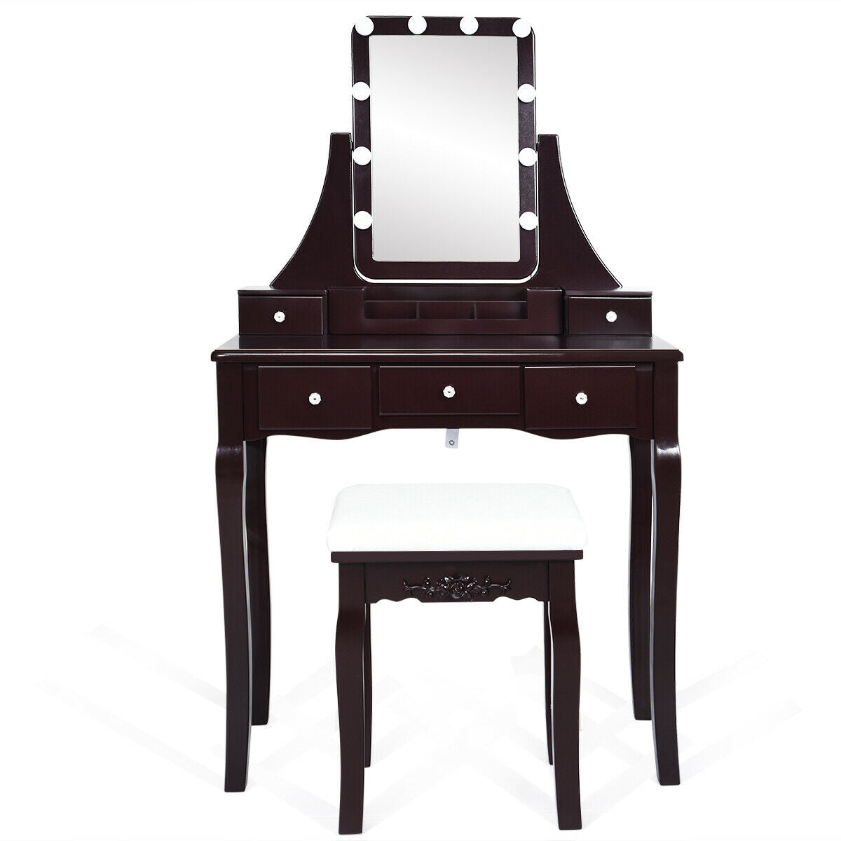 Dimmable vanity table with 10 lights, dark wood finish, drawers and cushioned stool by DirectDeals on Tampa Home & Garden Store