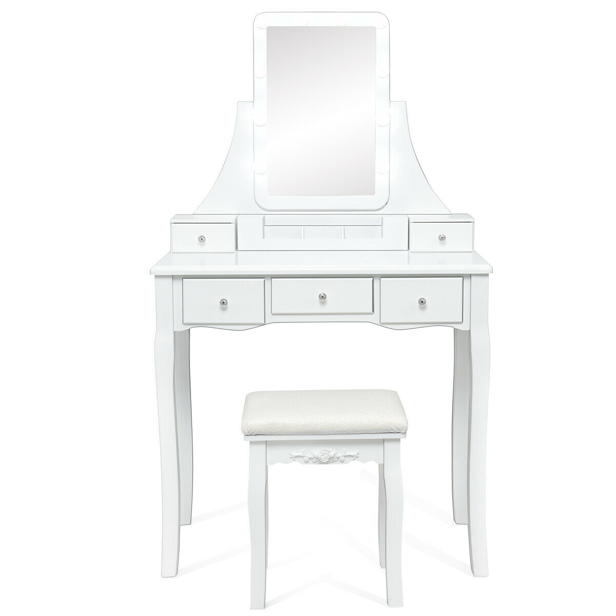 10 Dimmable Light Bulbs Vanity Dressing Table with 2 Dividers and Cushioned Stool-Black