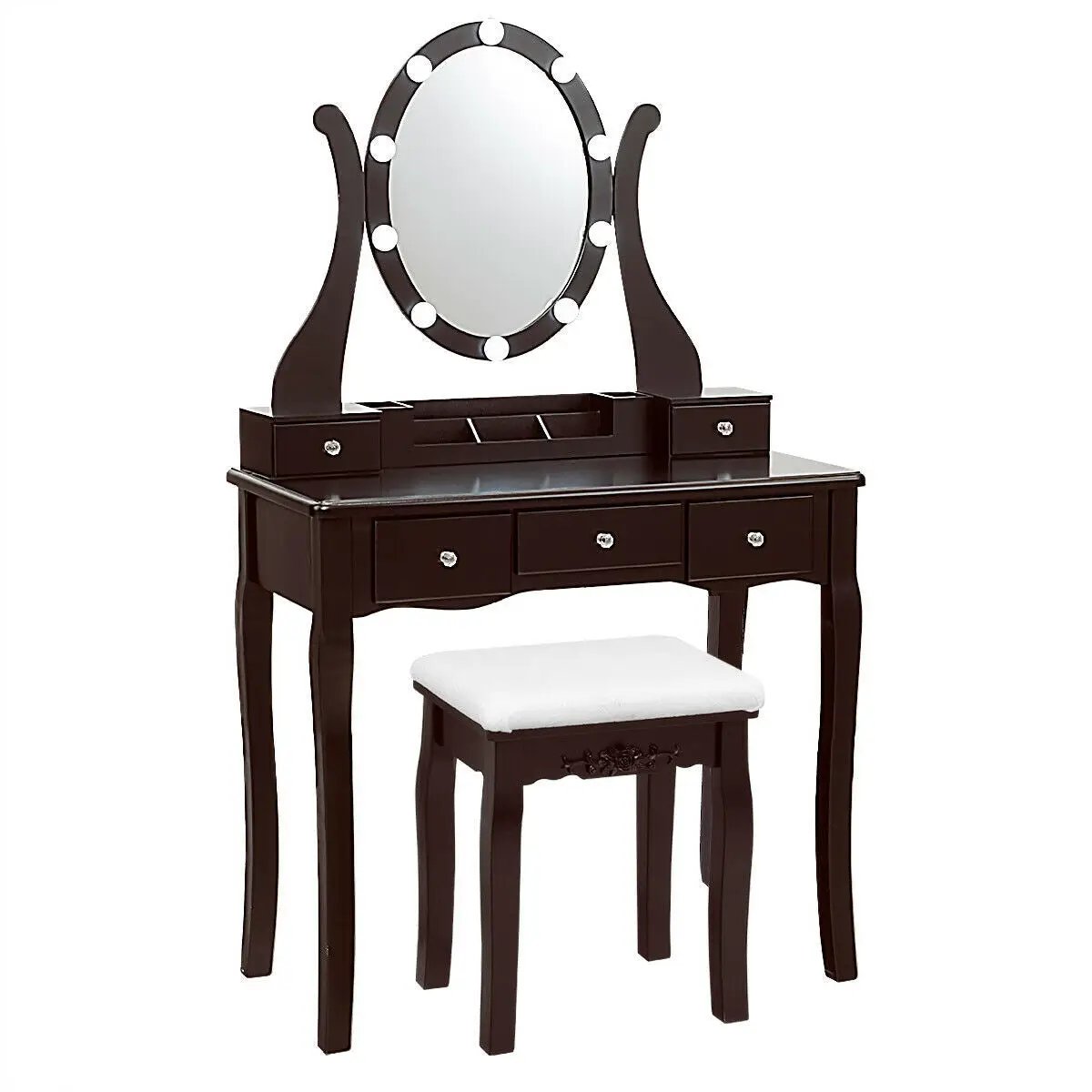 Vanity table set dark espresso with lighted mirror and white cushioned stool, 10-dimmable lights on Tampa Home & Garden Store