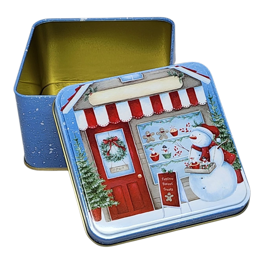 Festive Snowman Treat Tin sets in blue with gold interior The Country Christmas Loft on Tampa Home & Garden Store