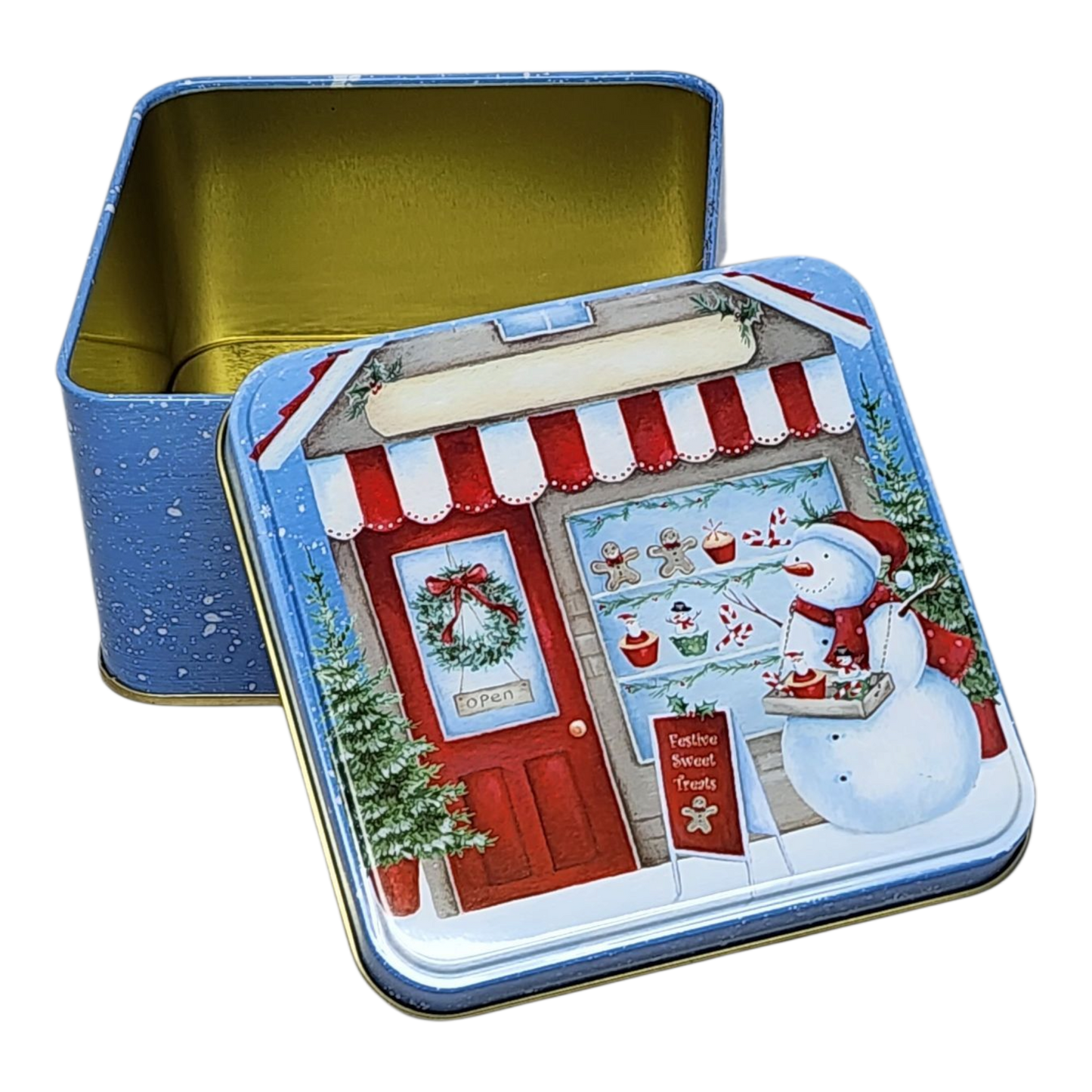 Festive Snowman Treat Tin sets in blue with gold interior The Country Christmas Loft on Tampa Home & Garden Store