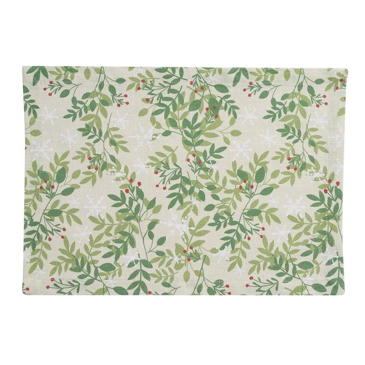 Williamsburg Snowflakes and Berries Placemat with green leaves and red berries on Tampa Home & Garden Store