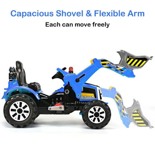 12V blue kids ride-on dumper truck with excavator arm and black chassis Kingdom decals on Tampa Home & Garden Store