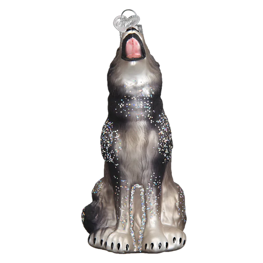 Old World Christmas Howling Wolf Glass Ornament with glitter accents on Tampa Home & Garden Store