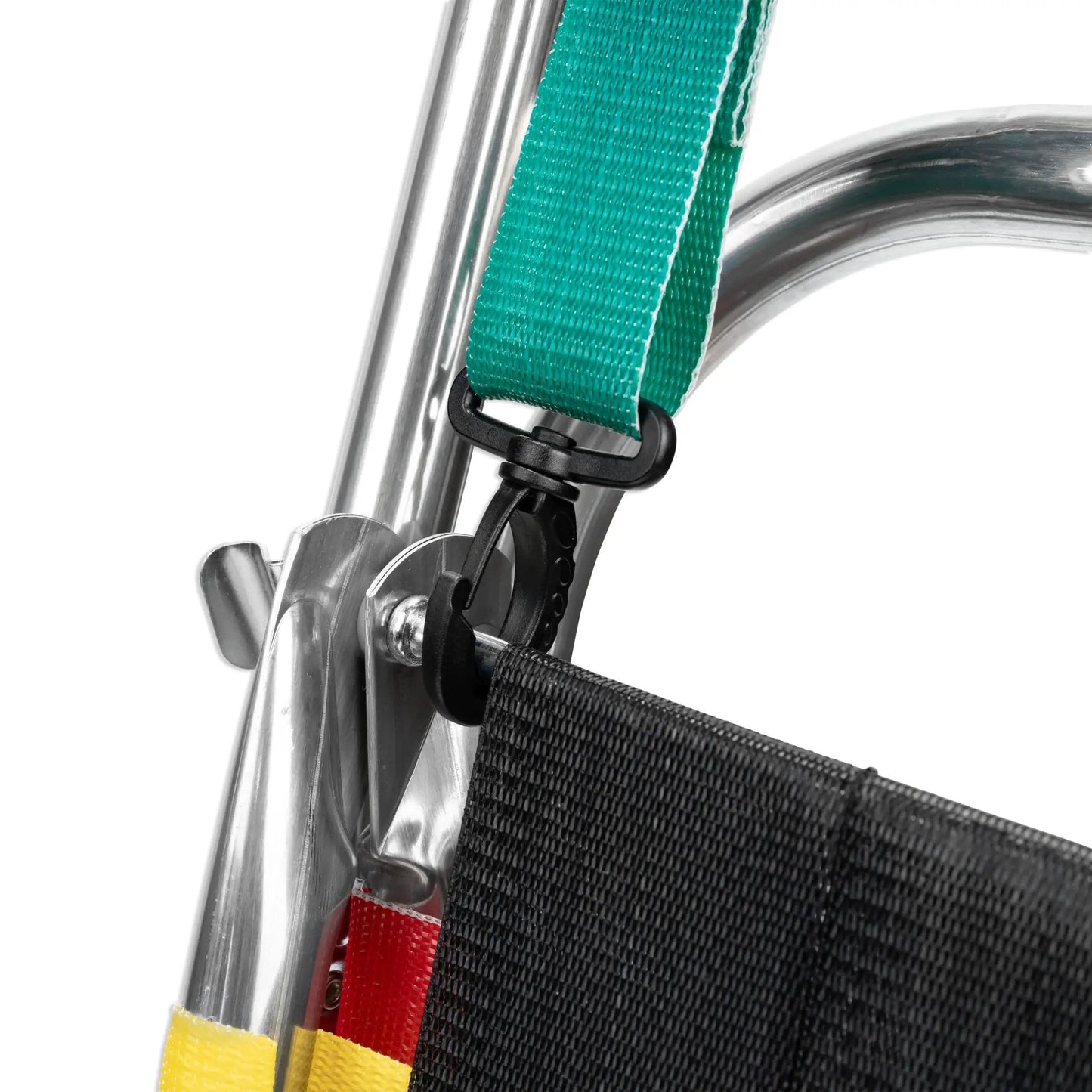 Lawn Chair Carrying Strap adjustable teal green webbing with black buckle on metal chair frame on Tampa Home & Garden Store