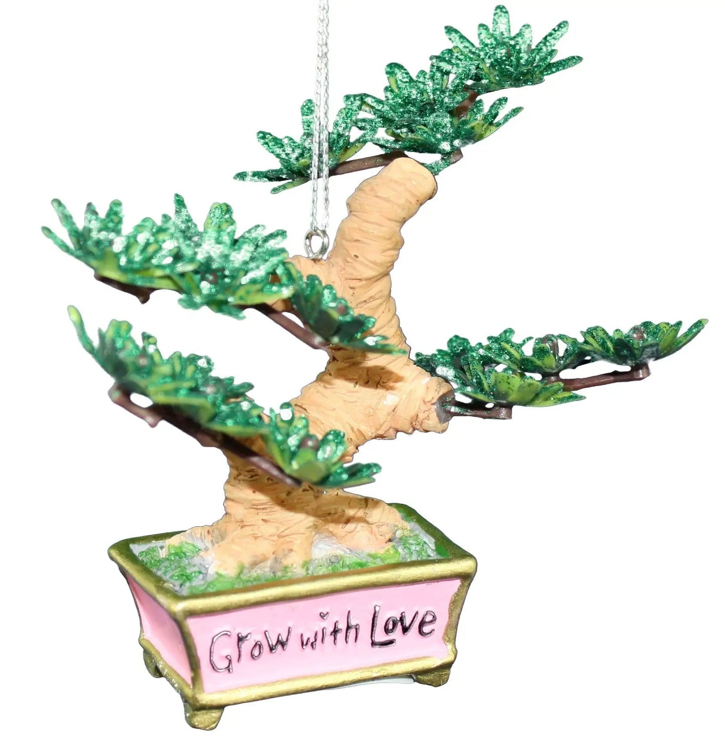3.75 Inch resin bonsai tree ornament with glittery green leaves in pink pot Grow with Love on Tampa Home & Garden Store