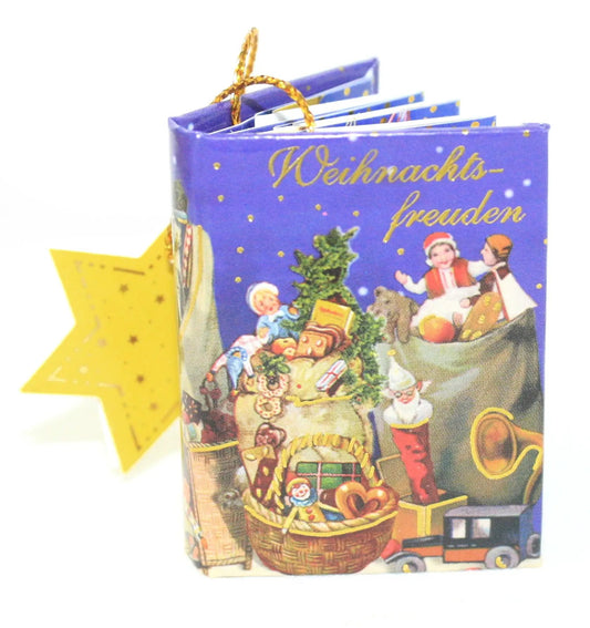 Popup Mini Book German Ornament Blue with hanging cord blue cover has scene Country Loft on Tampa Home & Garden Store