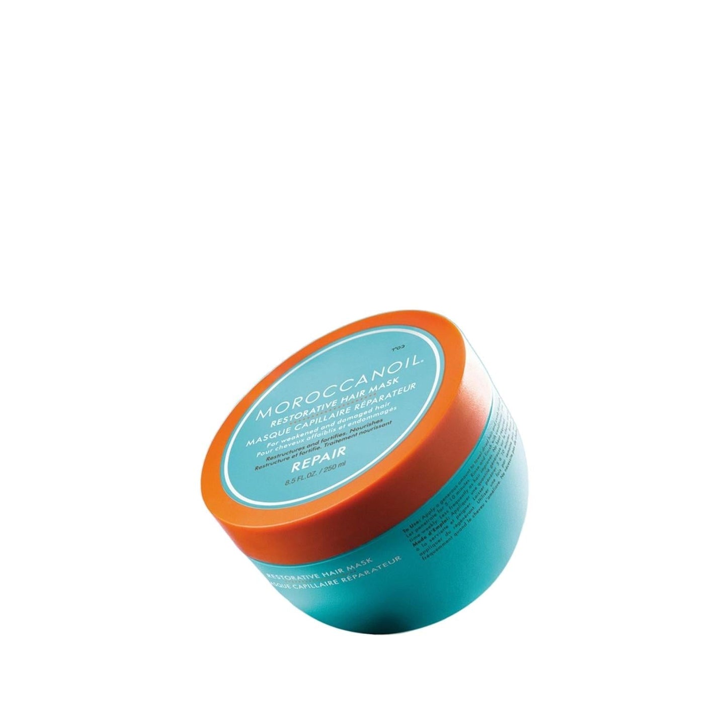 Moroccanoil Restorative Hair Mask tub 250ml in turquoise with orange lid on Tampa Home & Garden Store