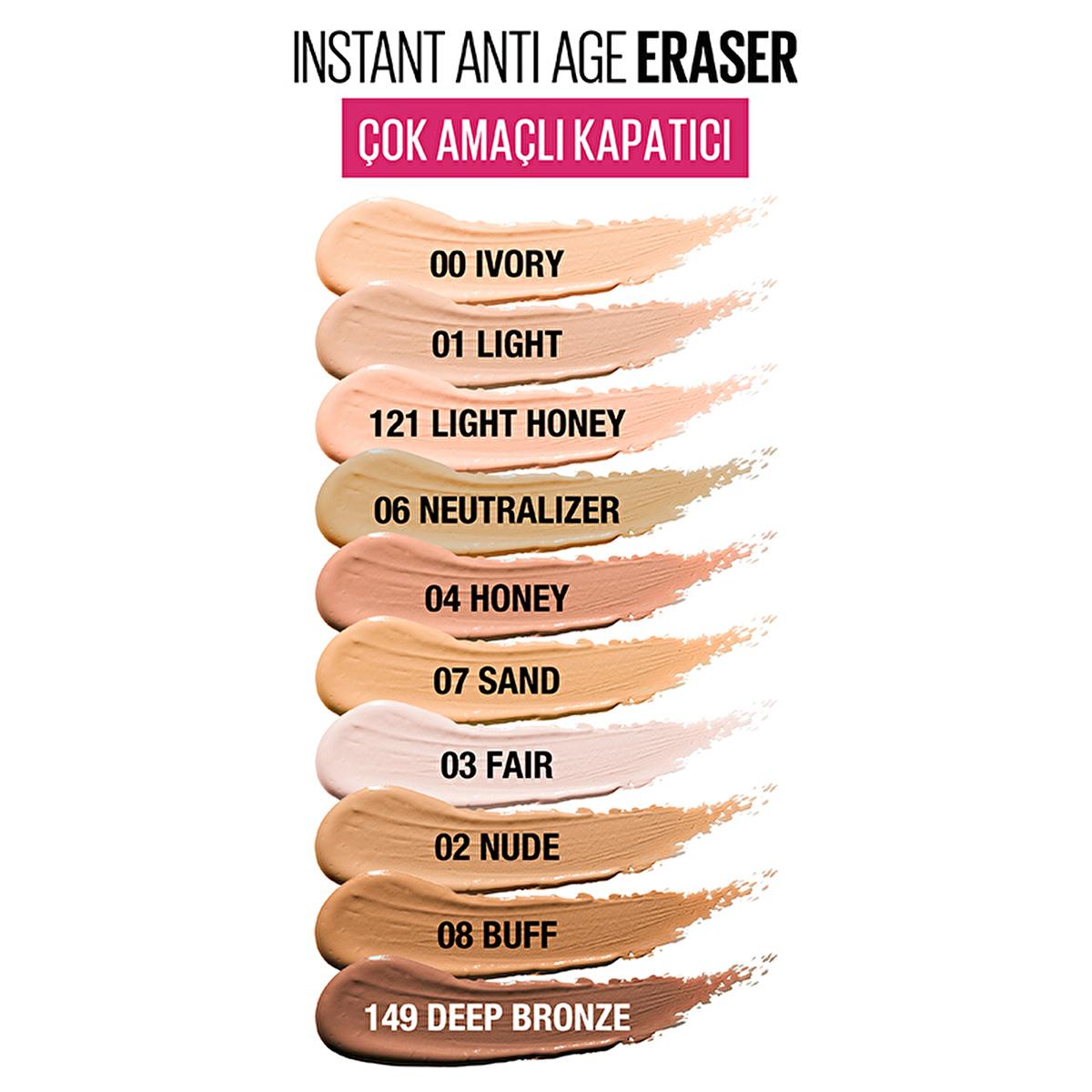 Maybelline Instant Anti Age Eraser Concealer swatches 10 shades from Ivory to Deep Bronze on Tampa Home & Garden Store