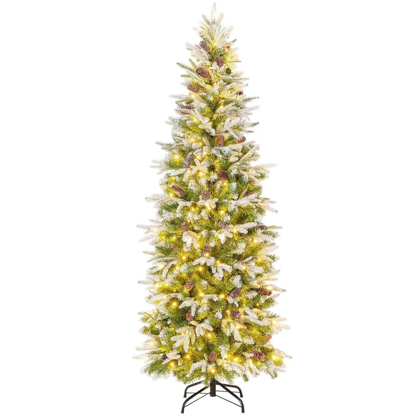 9-Foot Pre-Lit Snow-Flocked Christmas Tree Hinged DirectDeals with warm white lights and pinecones on Tampa Home & Garden Store