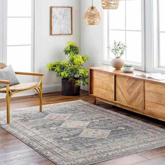 Lyam Luxe Southwestern Rug with Fringes in gray-blue hues by Boutique Rugs on Tampa Home & Garden Store